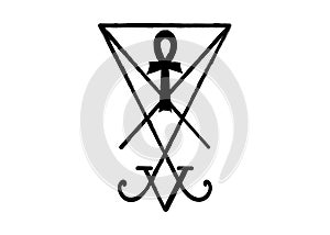 A sigil of Lucifer. Grunge styled distressed demonology and The ankh egyptian cross. Lucifer sigil isolated. Satan Devil Lucifer photo