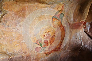 World famous frescoes of Sigiri Damsels, called Sigiri Apsaras, Sigiriya, Sri Lanka