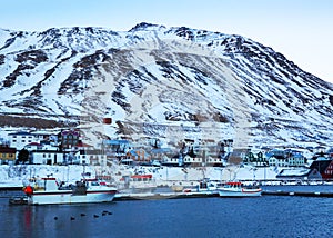 Siglufjordur at dawn in winter. It is the northernmost town of the of Iceland