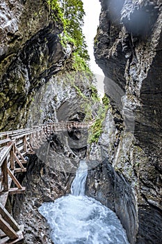 Sigmund Thun Gorge. Cascade valley of wild Kapruner Ache close glacier Kaprun in Austria