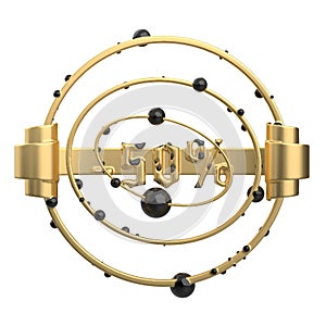 The sign -50off abstract round compositions with sight, rings and spheres. Made of gold metal isolate on white