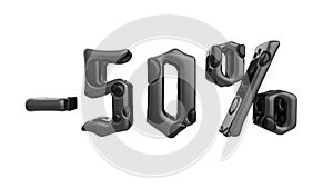 The sign -50off. Made of black metal isolate on white background. 3d illustration