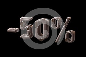 The sign -50off. Made of brown leather isolate on white background. 3d illustration