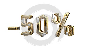 The sign -50off. Made of gold metal and white silver parts isolate on white background. Sale and advertising conceptual