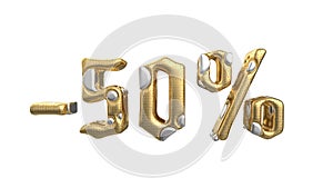 The sign -50off. Made of gold metal and white silver parts isolate on white background. Sale and advertising conceptual