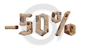 The sign -50off. Made of wood isolate on white background. 3d illustration