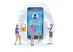 Sign in, Account log in page on smartphone screen. password field, Protection, Registration, Security. Flat cartoon