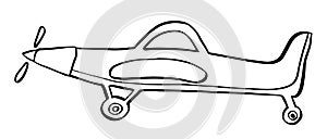 Sign airplane in hand drawn doodle style isolated on white background. Agricultural aircraft vector outline stock illustration