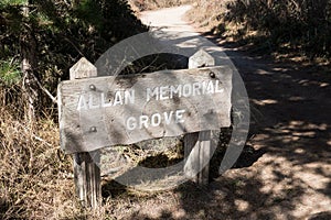 Sign for the Allan Memorial Grove of cypress trees at Point Lobos State Reserve in Monterey California