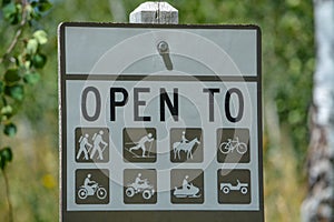 The sign for allowed recreation activities in the Rocky Mountains of Colorados