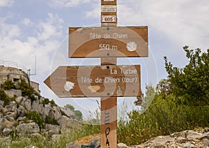 Sign along trail from La Turbie to Tete de Chien, southeastern France.