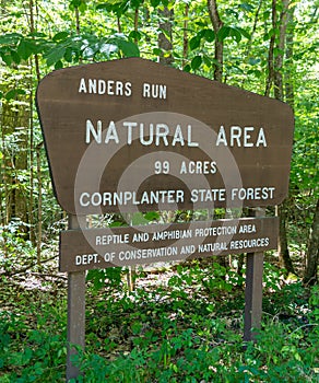 The sign for the Anders Run Natural Area in the Cornplanter State Park in Brokenstraw Township, Pennsylvania, USA