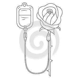 Sign with a bag of blood and a rose, minimalism style. Blood transfusion and donation concept. Design for medicine logo, donation