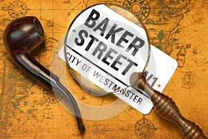 Sign BAKER STREET, Smoking Pipe, Magnifier On The OLD Map