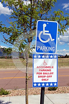 Sign for Ballot Box for Election - All Mail-In Voting With Wheelchair Handicap Accessible Parking