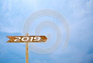 Sign banner 2019 blue sky background.