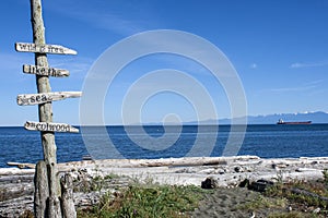 Sign on the beach in Esquimalt Lagoon, photo