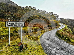 Sign and beginning of the historic road which has beed build by Calum MacDonald of Raasay on the the Isle of Raasay -