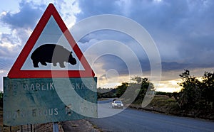 Sign of beware of hippos crossing the road in south Africa