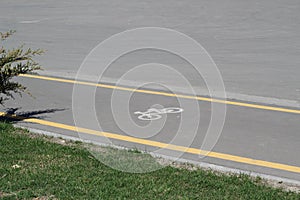 Sign Bicycle paths on the gray asphalt on a city street