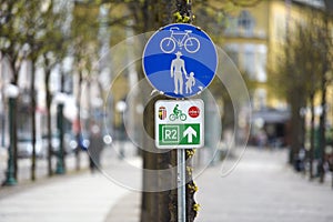 Sign bike path and footpath in Bad Ischl, Austria, Europe