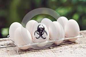 Sign of bio-hazard on the egg. The concept of disease. Avian influenza, salmanese