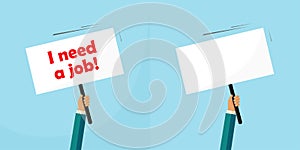 Sign board placard protest banner vector holding hand blank empty and need a job announcement signboard picket in unemployed man