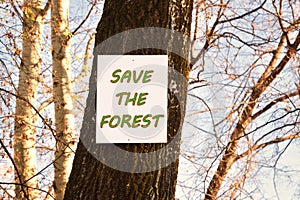Sign board on a tree with save the forest message