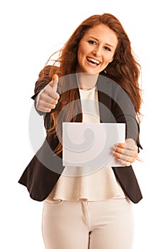 Sign board. Woman holding big white blank card. Positive emotion