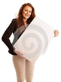 Sign board. Woman holding big white blank card. Positive emotion