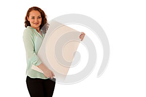 Sign board. Woman holding big white blank card. Positive emotion