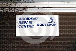 Sign of body shop, accident, repair center for vehicles or cars