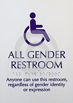 sign and braille next to restroom door expressing it as all inclusive restroom