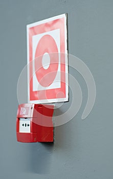 Sign building extinguisher emergency corridor fire red rescue alarm danger, from wall box for warning for background