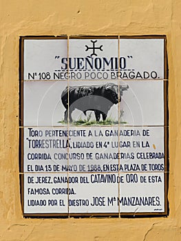 Sign at bullfight arena Spain Andalusia.