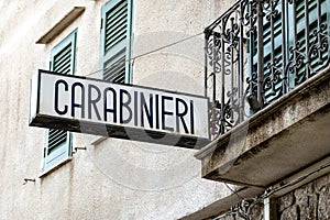 The sign of Carabinieri, Italian police, at historical Sicilian city