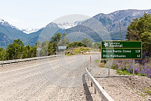 Sign of Carretera Austral Route - Mountais at background - Coyhaique, AysÃÂ©n, Chile