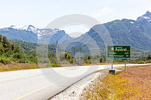 Sign of Carretera Austral Route - Mountais at background - Coyhaique, AysÃÂ©n, Chile