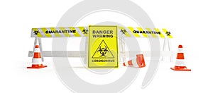 Sign of a closed road. quarantine coronavirus on a white background 3D illustration, 3D rendering