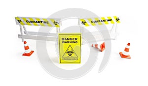 Sign of a closed road. quarantine coronavirus on a white background 3D illustration, 3D rendering