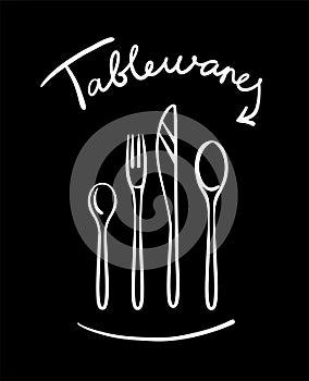 The sign consists of a fork, spoon, knife, and cutlery. Greeting card logo design for the cook.