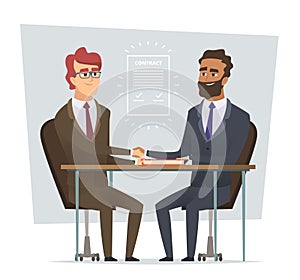 Sign contract. Business meeting selling deal traders dialogue partnership vector cartoon characters isolated