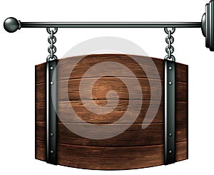 Sign design for a pub or wine bar in the form of a barrel on chains. High detailed realistic illustration