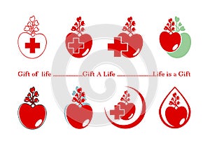 Sign designation donor, gift a life, medic logo, icon with red heart & Red Cross. Life & health. photo