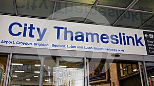 Sign with destinations from City Thameslink railway station in central London