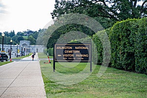 Arlington, VA - August 8, 2019: Sign directing visitors to parking spots in Arlington National Cemetary located just outside of