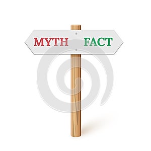 Sign direction with myth and fact arrow, 3d wooden signpost for true or false facts