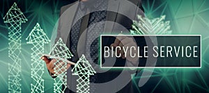 Sign displaying Bicycle Service. Concept meaning creating a name that identifies and differentiates a product