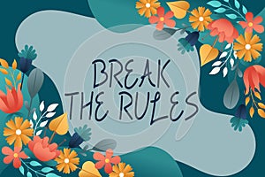 Sign displaying Break The RulesTo do something against formal rules and restrictions. Business concept To do something