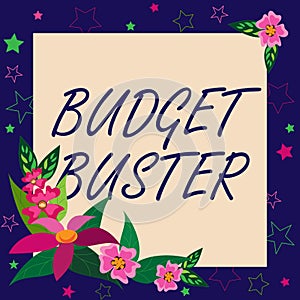 Sign displaying Budget Buster. Concept meaning Carefree Spending Bargains Unnecessary Purchases Overspending Blank Frame